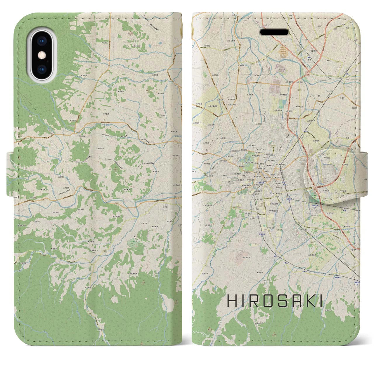 【弘前(青森県)】地図柄iPhoneケース(手帳タイプ)ナチュラル・iPhone XS Max 用
