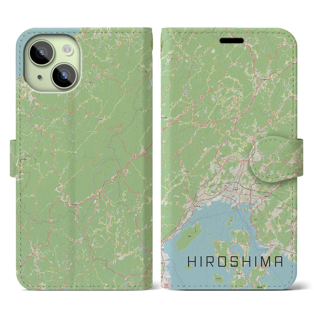 【広島2(広島県)】地図柄iPhoneケース(手帳タイプ)ナチュラル・iPhone 15 用