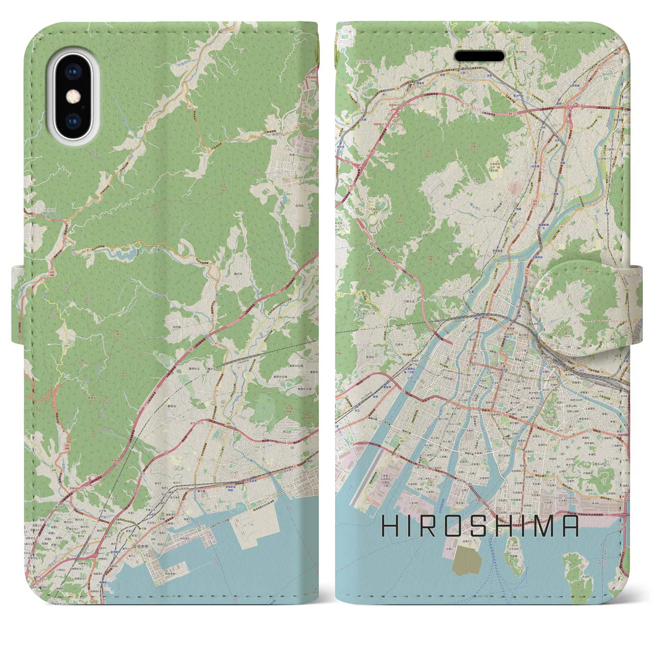 【広島(広島県)】地図柄iPhoneケース(手帳タイプ)ナチュラル・iPhone XS Max 用
