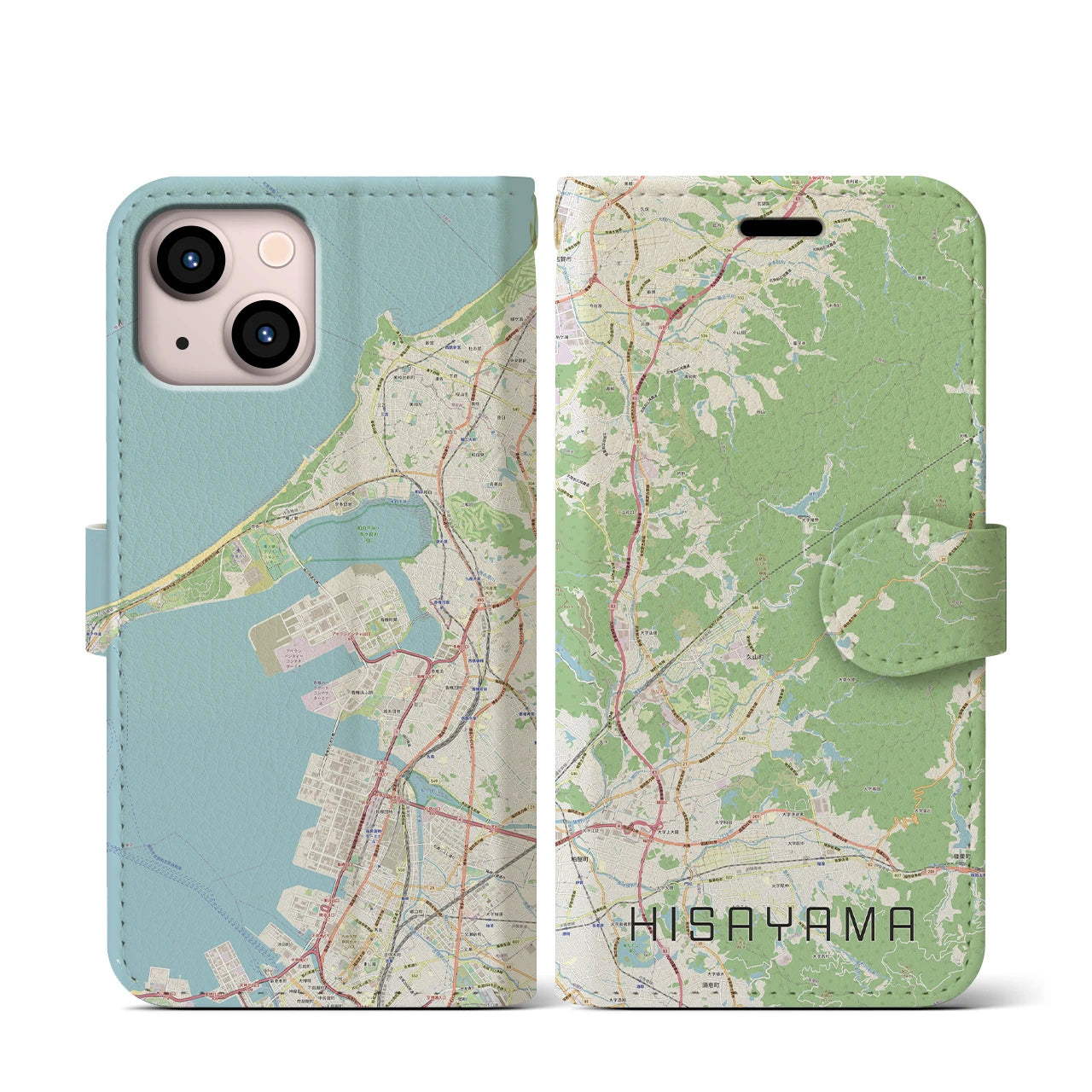 【久山(福岡県)】地図柄iPhoneケース(手帳タイプ)ナチュラル・iPhone 13 mini 用