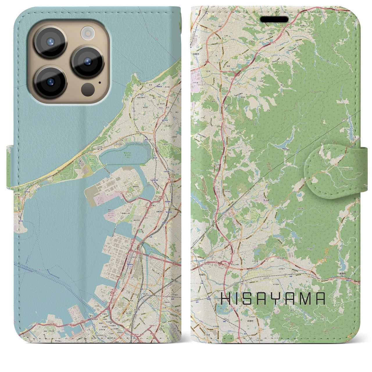 【久山(福岡県)】地図柄iPhoneケース(手帳タイプ)ナチュラル・iPhone 14 Pro Max 用