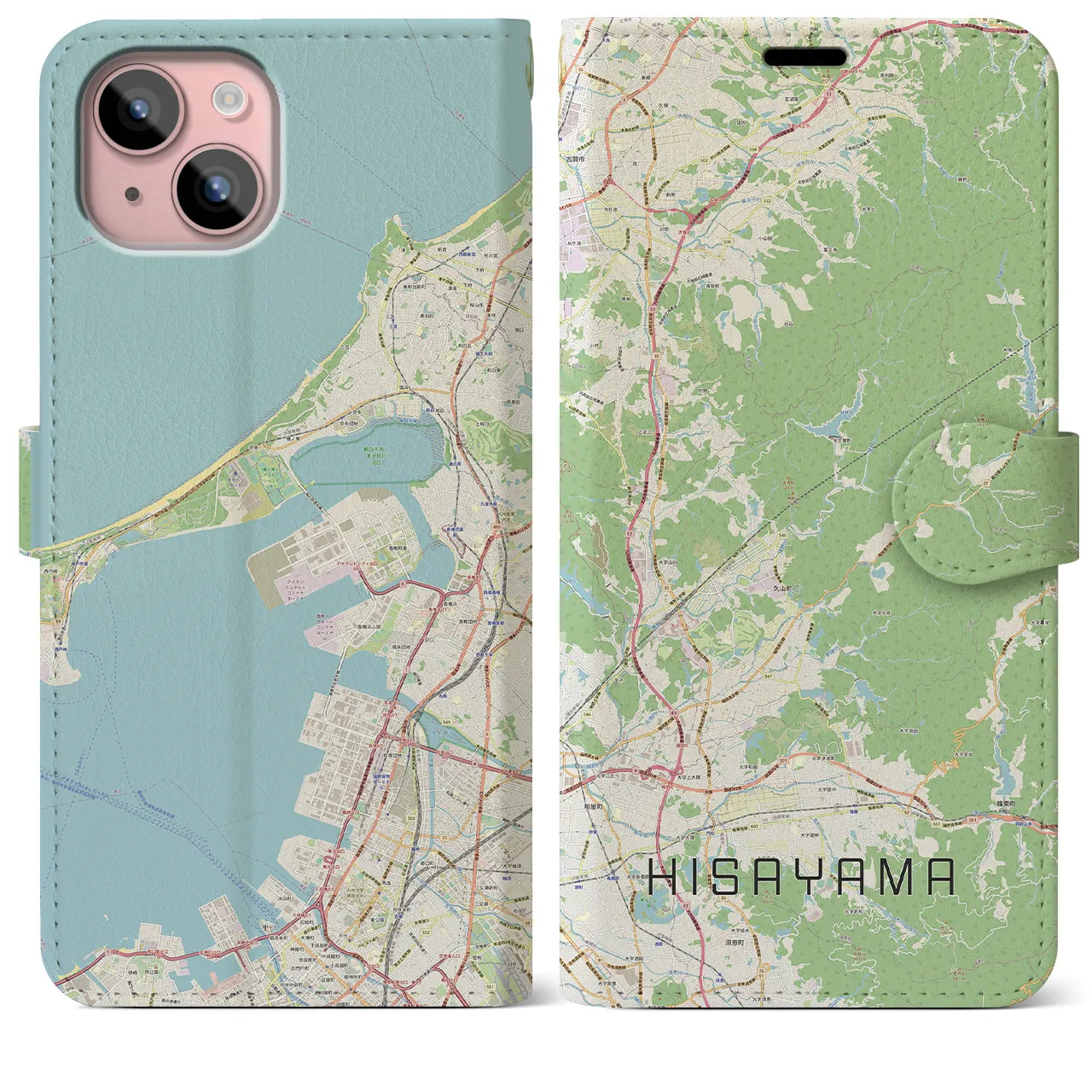 【久山(福岡県)】地図柄iPhoneケース(手帳タイプ)ナチュラル・iPhone 15 Plus 用