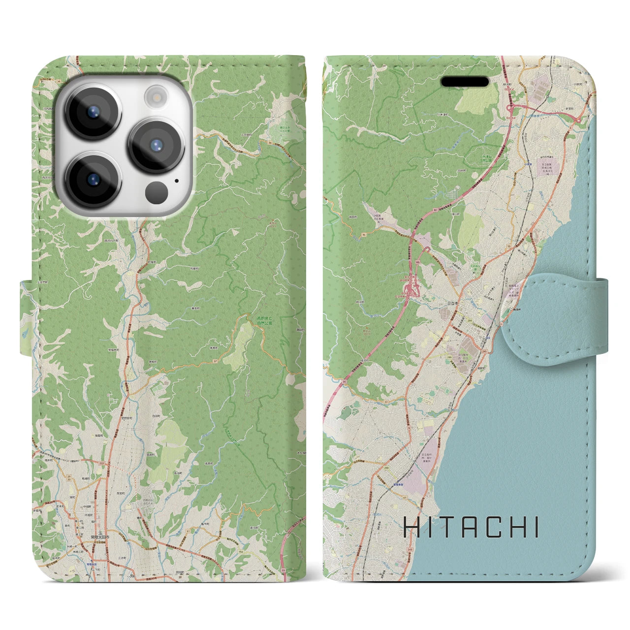 【日立(茨城県)】地図柄iPhoneケース(手帳タイプ)ナチュラル・iPhone 14 Pro 用
