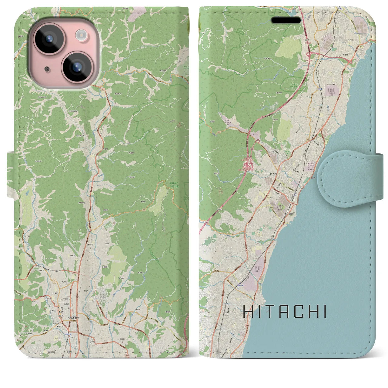 【日立(茨城県)】地図柄iPhoneケース(手帳タイプ)ナチュラル・iPhone 15 Plus 用