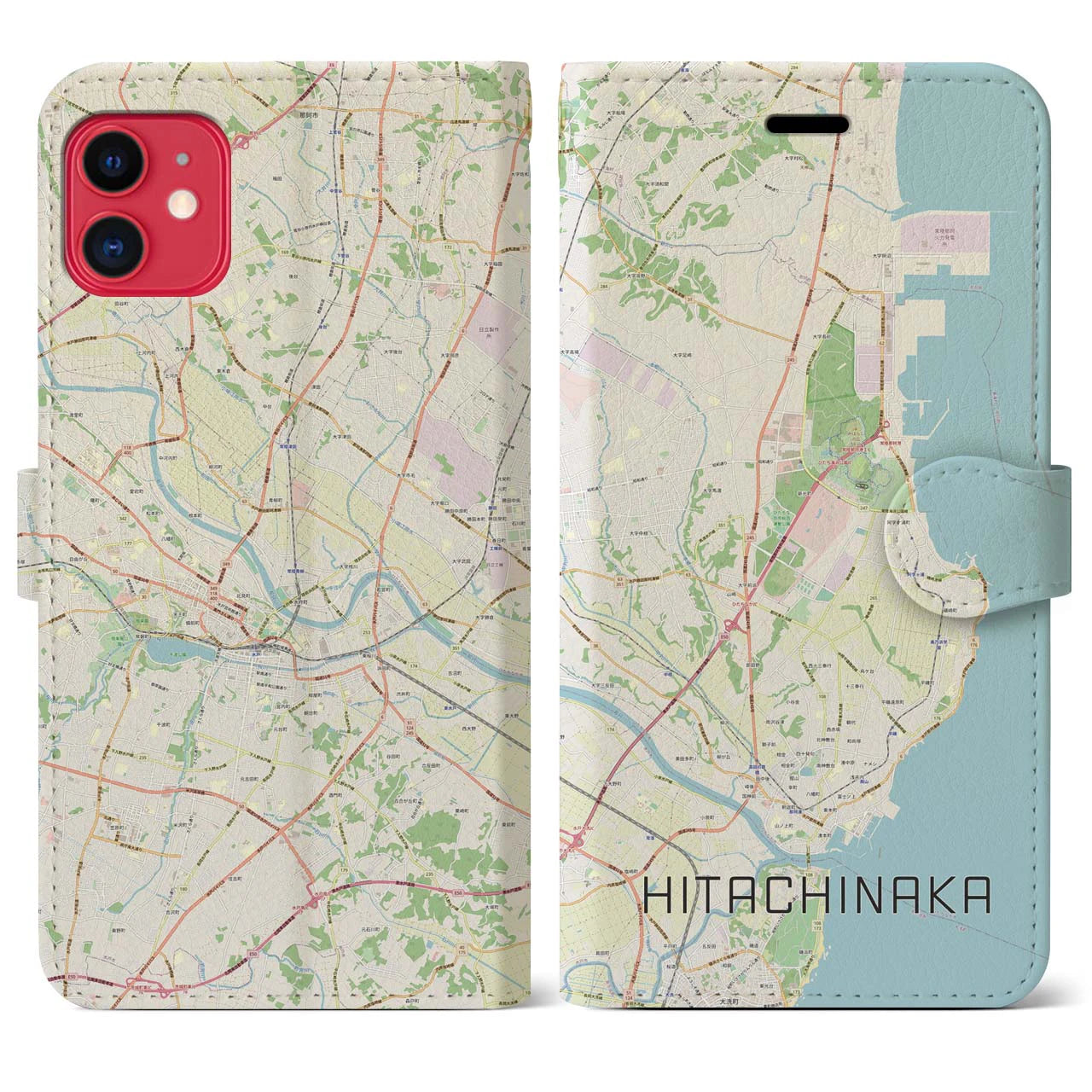 【ひたちなか(茨城県)】地図柄iPhoneケース(手帳タイプ)ナチュラル・iPhone 11 用