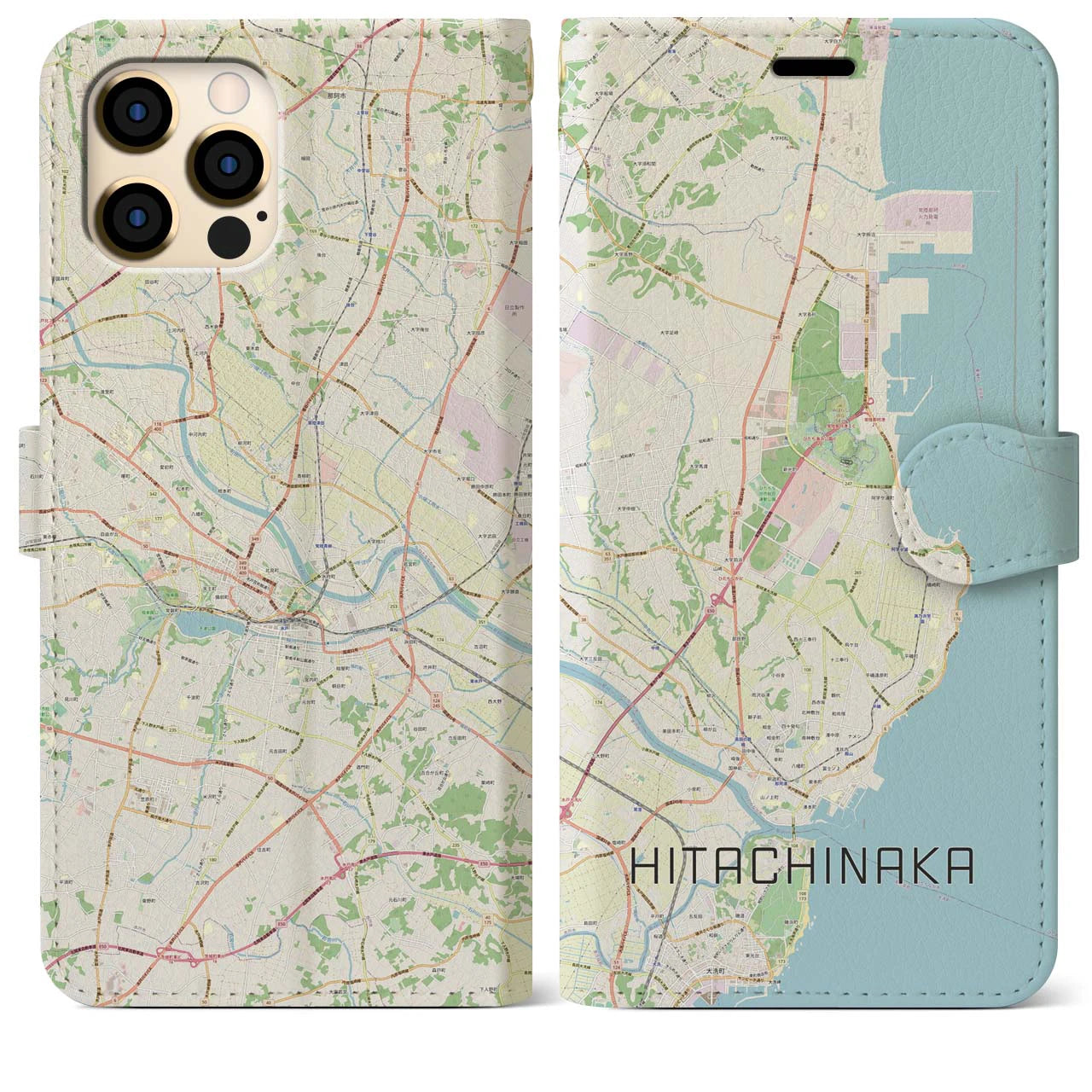 【ひたちなか(茨城県)】地図柄iPhoneケース(手帳タイプ)ナチュラル・iPhone 12 Pro Max 用