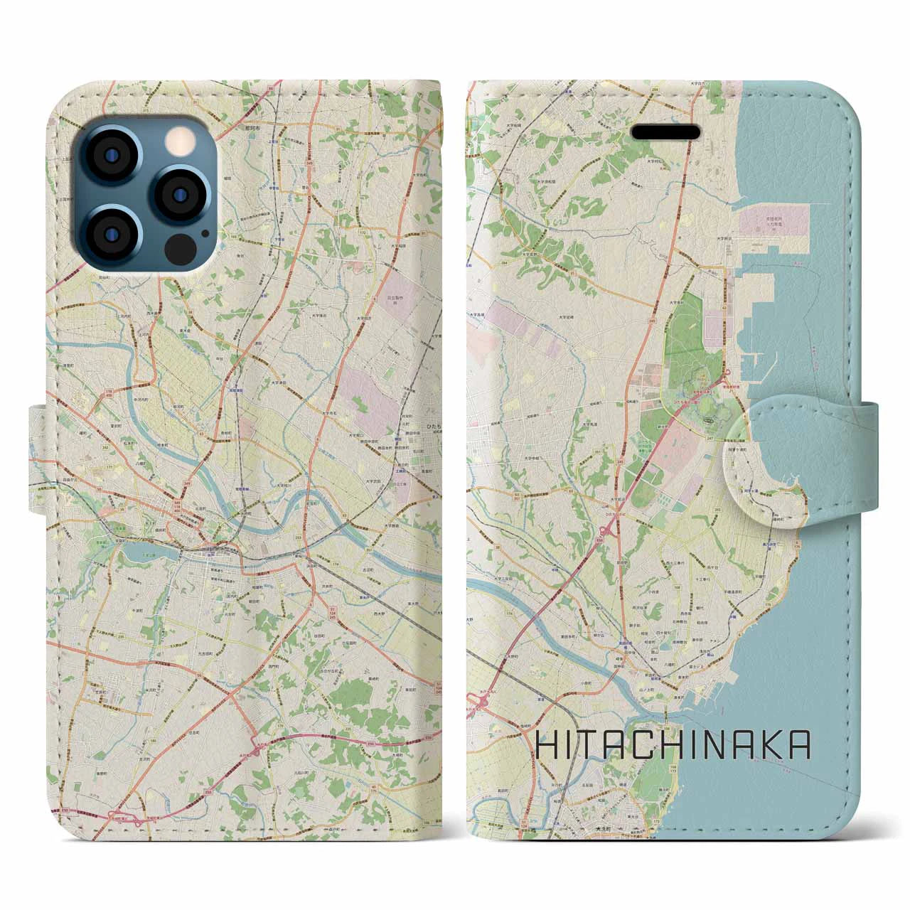 【ひたちなか(茨城県)】地図柄iPhoneケース(手帳タイプ)ナチュラル・iPhone 12 / 12 Pro 用