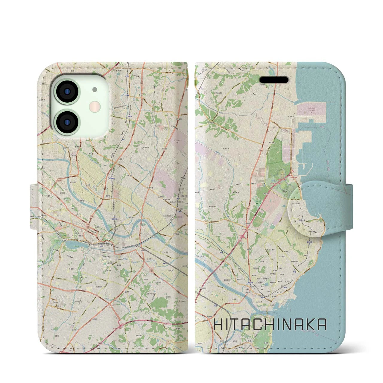 【ひたちなか(茨城県)】地図柄iPhoneケース(手帳タイプ)ナチュラル・iPhone 12 mini 用