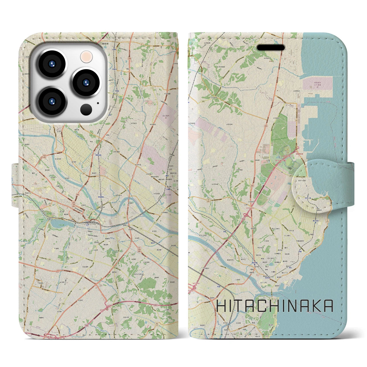 【ひたちなか(茨城県)】地図柄iPhoneケース(手帳タイプ)ナチュラル・iPhone 13 Pro 用