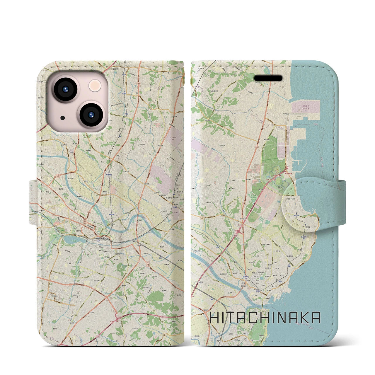 【ひたちなか(茨城県)】地図柄iPhoneケース(手帳タイプ)ナチュラル・iPhone 13 mini 用