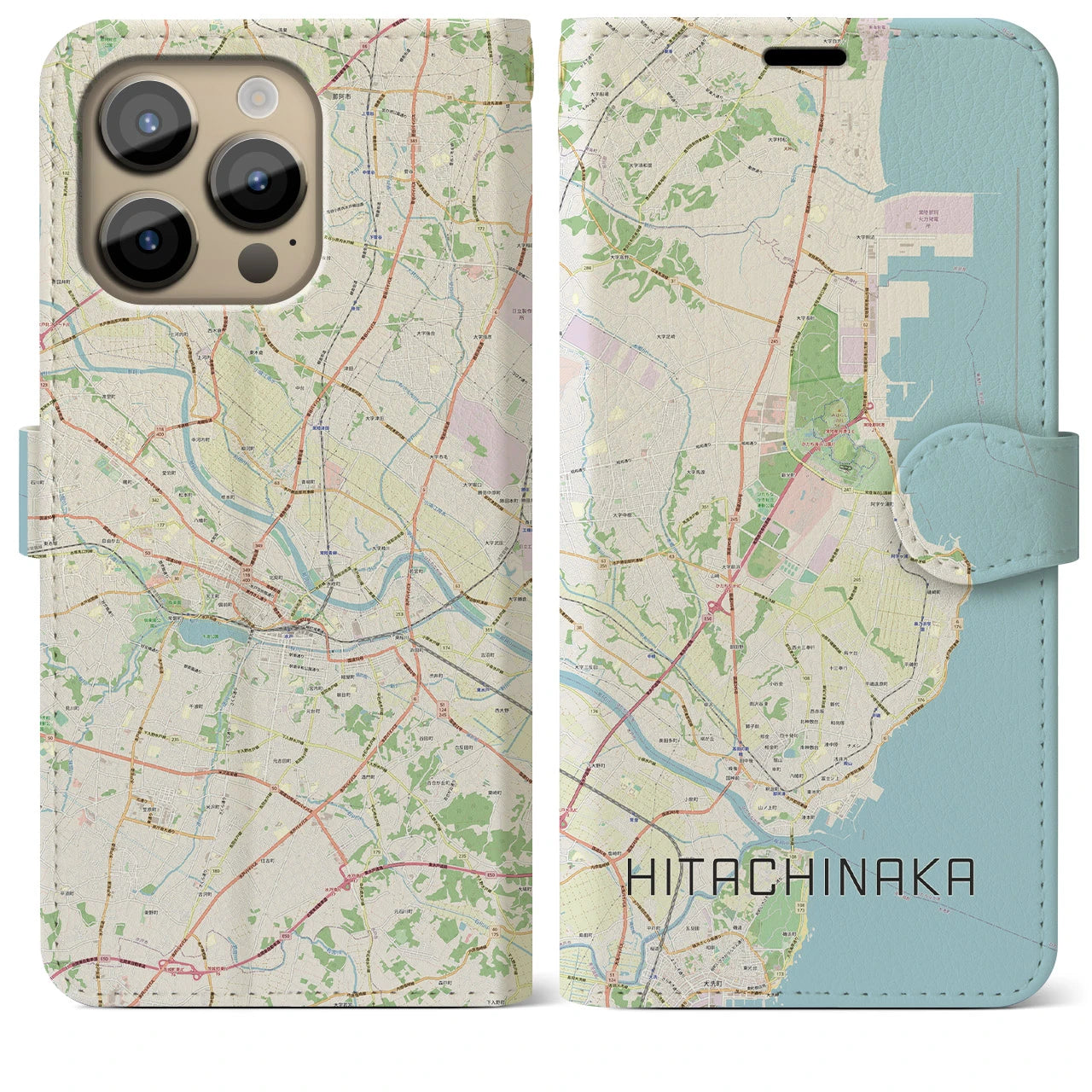 【ひたちなか(茨城県)】地図柄iPhoneケース(手帳タイプ)ナチュラル・iPhone 14 Pro Max 用