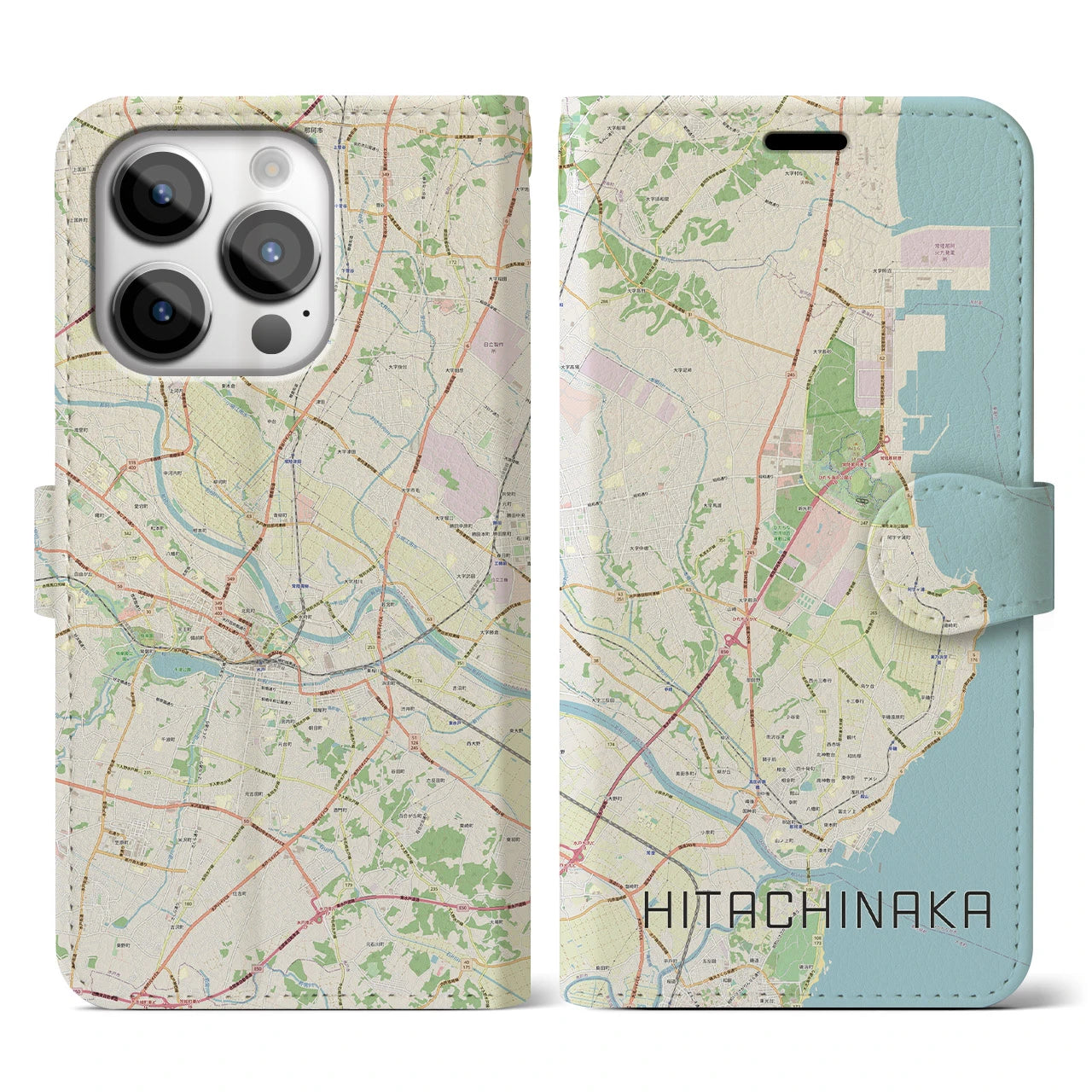 【ひたちなか(茨城県)】地図柄iPhoneケース(手帳タイプ)ナチュラル・iPhone 14 Pro 用