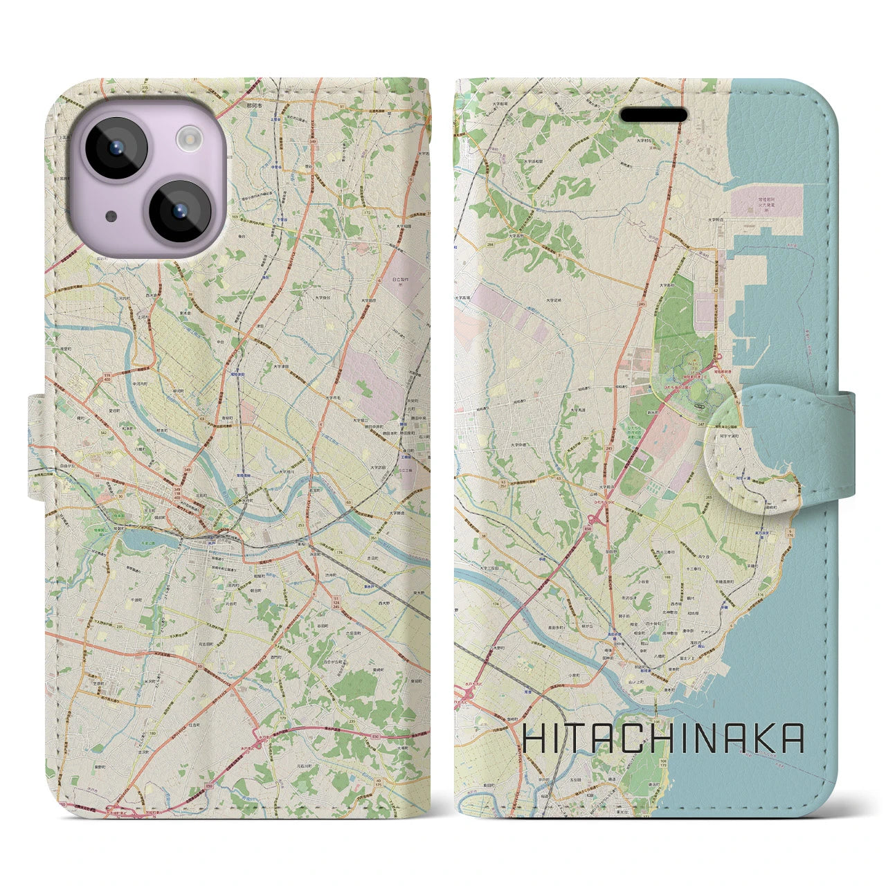 【ひたちなか(茨城県)】地図柄iPhoneケース(手帳タイプ)ナチュラル・iPhone 14 用