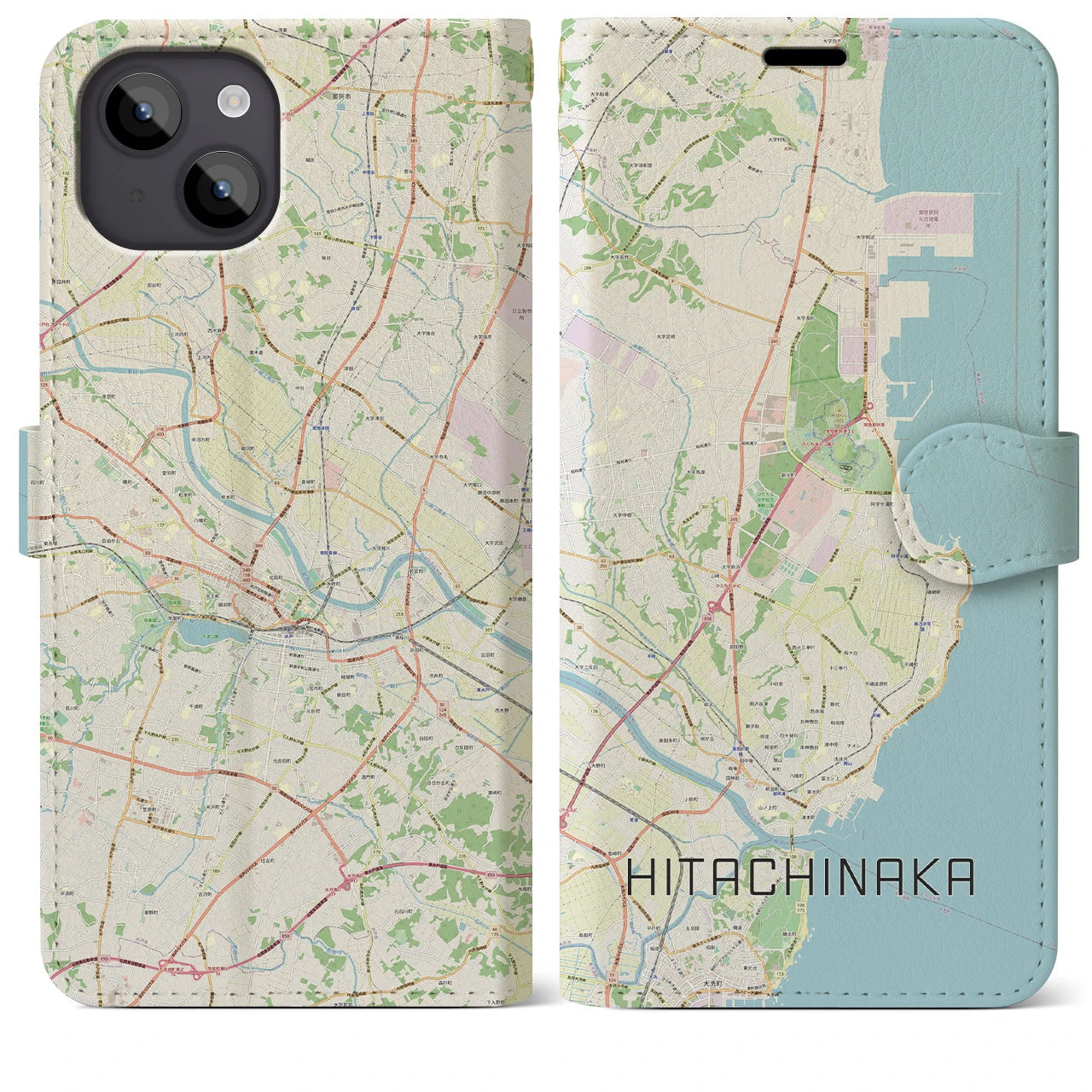 【ひたちなか(茨城県)】地図柄iPhoneケース(手帳タイプ)ナチュラル・iPhone 14 Plus 用