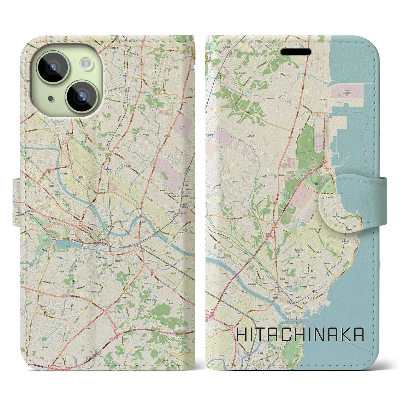 【ひたちなか(茨城県)】地図柄iPhoneケース(手帳タイプ)ナチュラル・iPhone 15 用