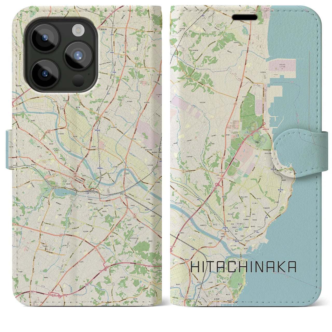 【ひたちなか(茨城県)】地図柄iPhoneケース(手帳タイプ)ナチュラル・iPhone 15 Pro Max 用
