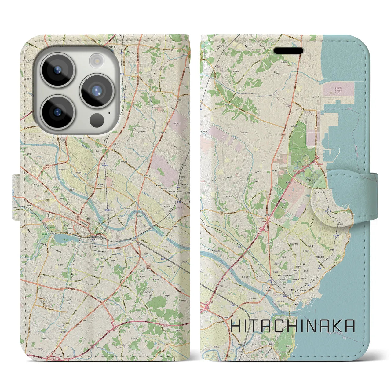 【ひたちなか(茨城県)】地図柄iPhoneケース(手帳タイプ)ナチュラル・iPhone 15 Pro 用