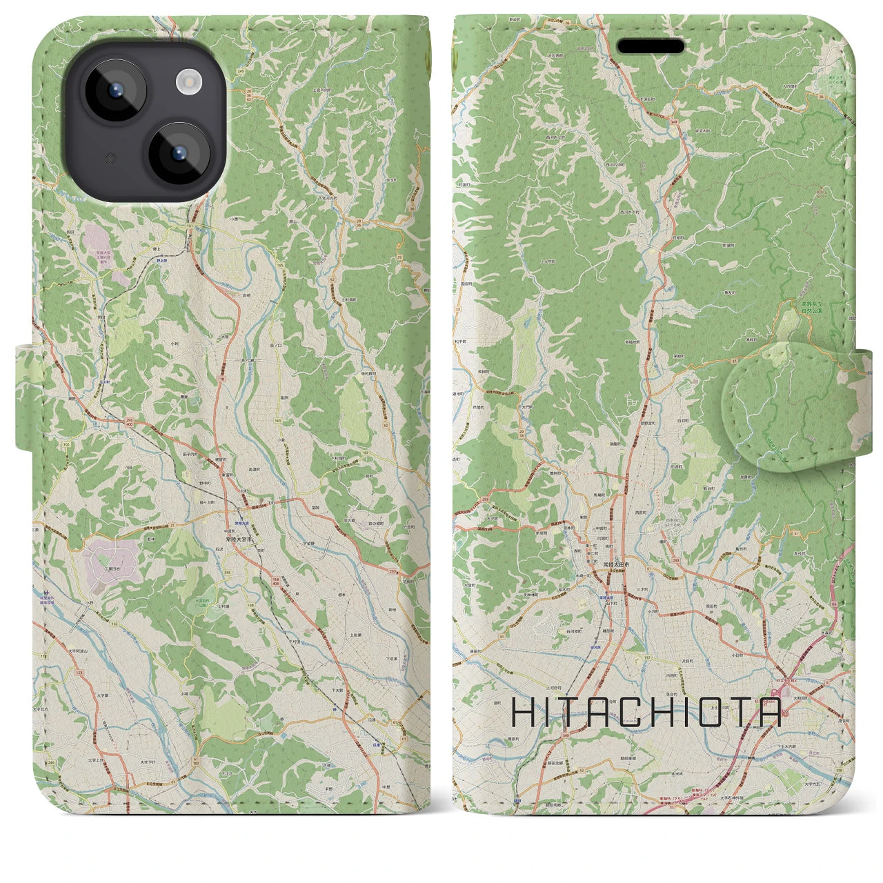 【常陸太田(茨城県)】地図柄iPhoneケース(手帳タイプ)ナチュラル・iPhone 14 Plus 用