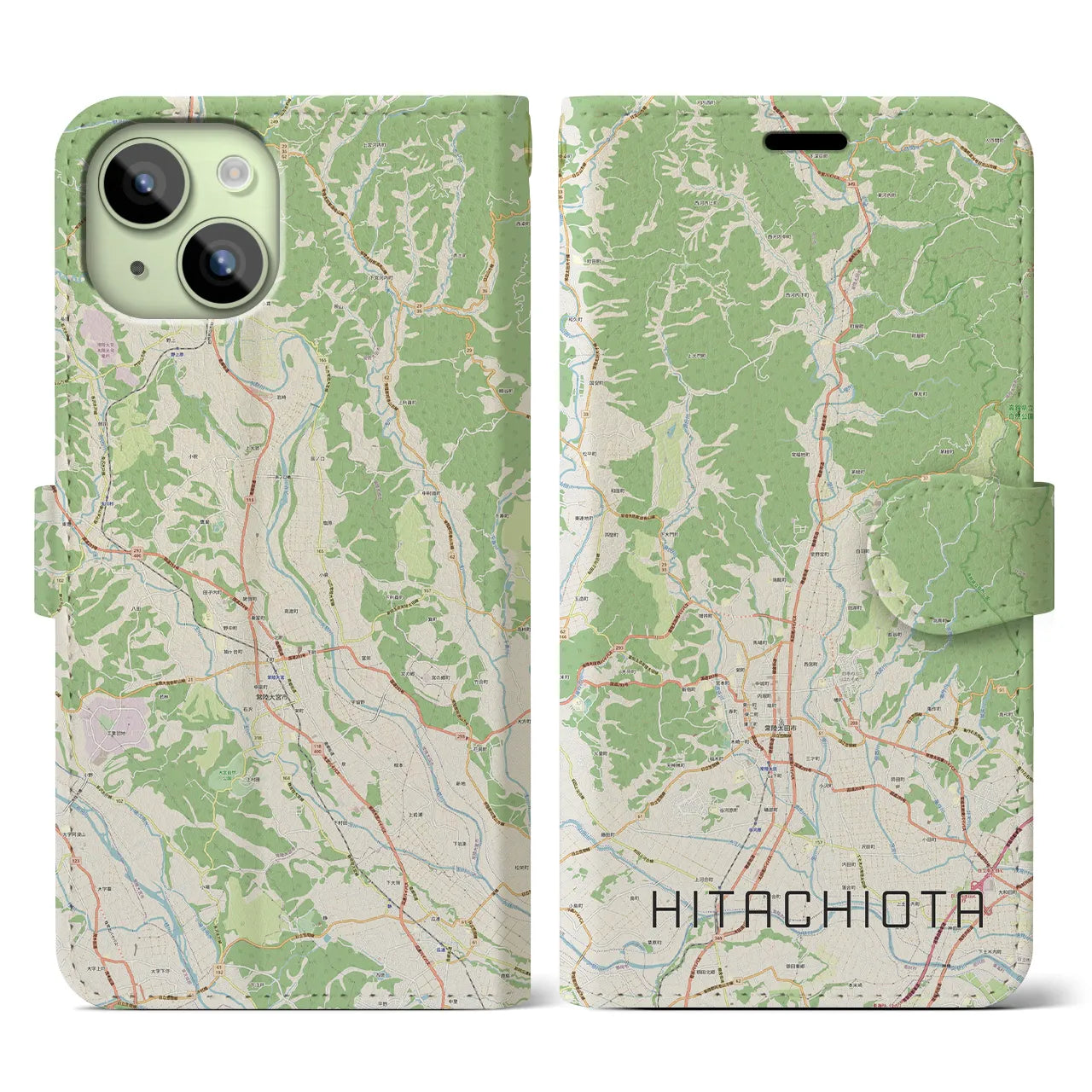 【常陸太田(茨城県)】地図柄iPhoneケース(手帳タイプ)ナチュラル・iPhone 15 用