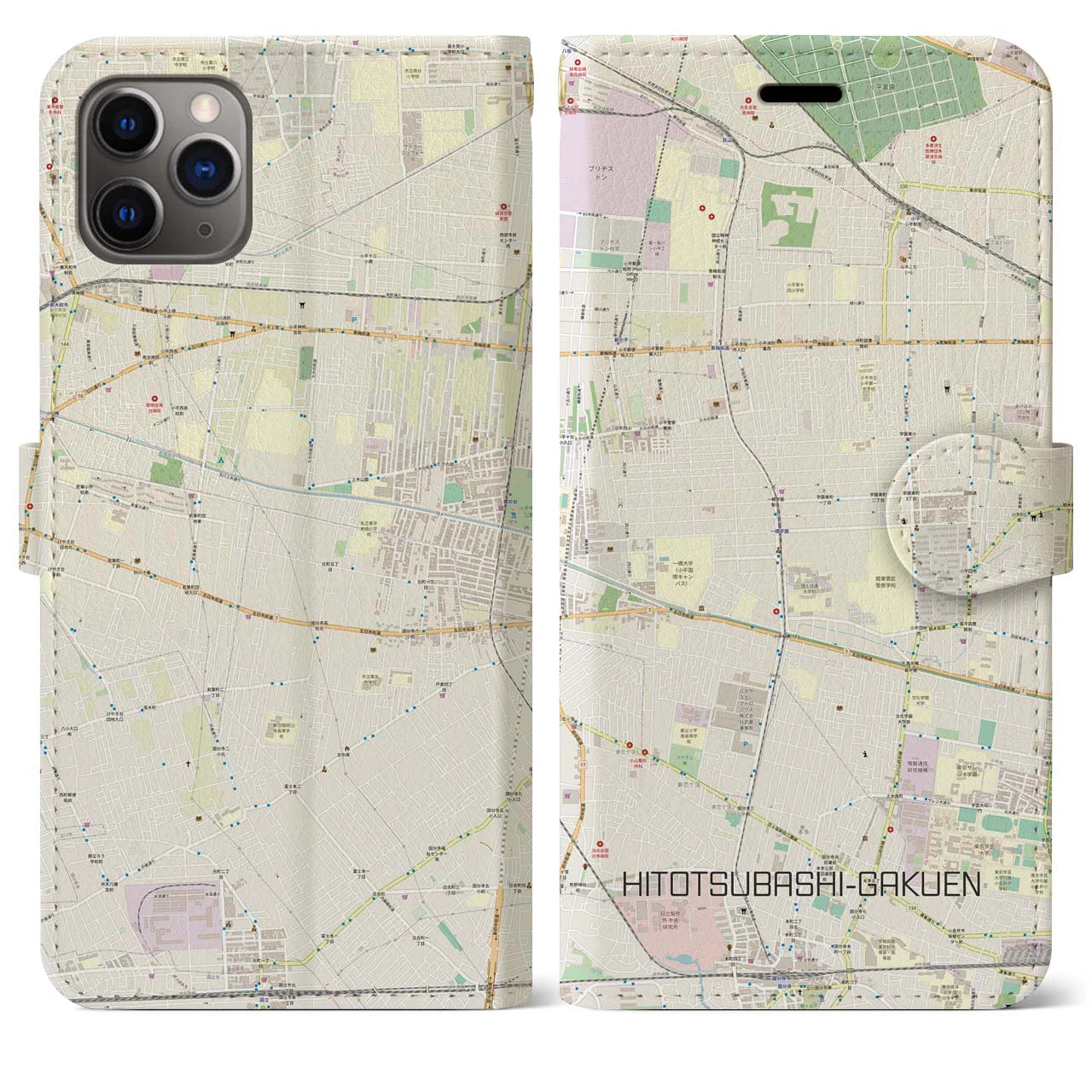 【一橋学園(東京都)】地図柄iPhoneケース(手帳タイプ)ナチュラル・iPhone 11 Pro Max 用