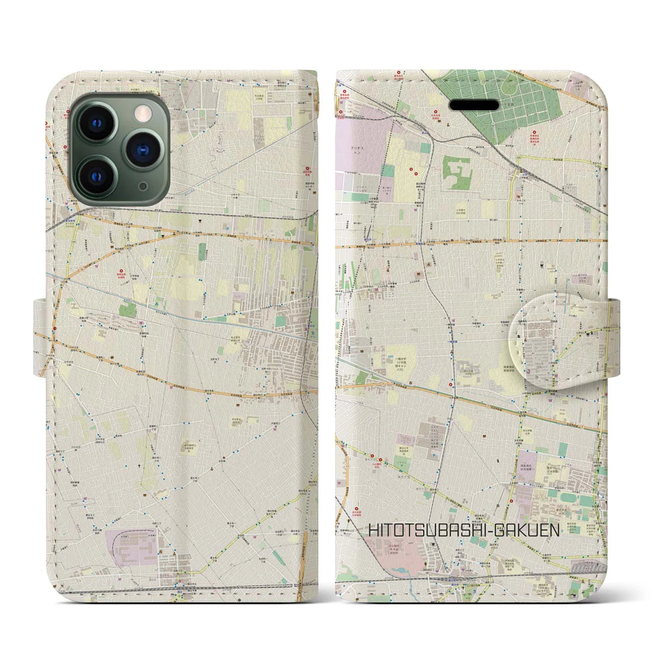 【一橋学園(東京都)】地図柄iPhoneケース(手帳タイプ)ナチュラル・iPhone 11 Pro 用