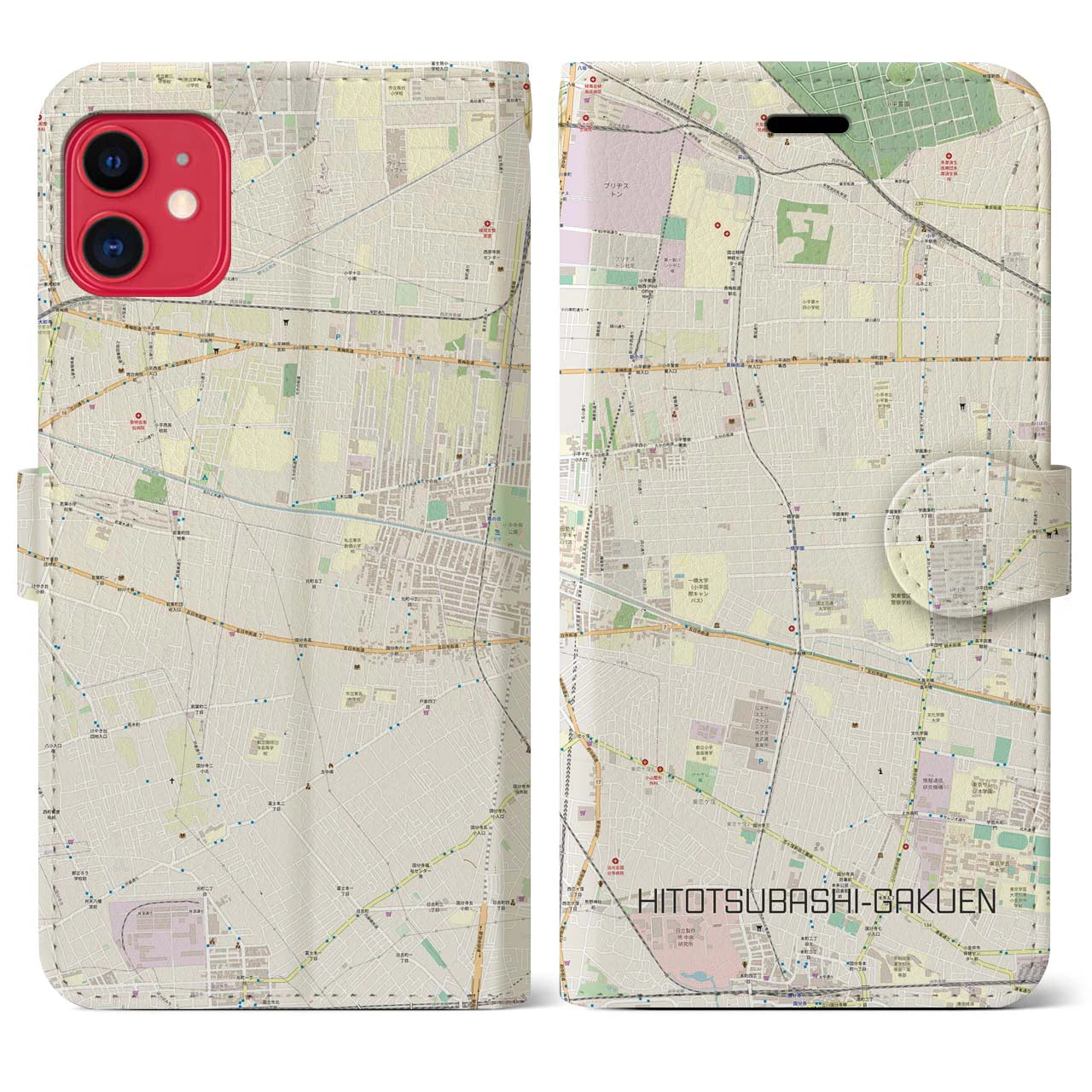 【一橋学園(東京都)】地図柄iPhoneケース(手帳タイプ)ナチュラル・iPhone 11 用