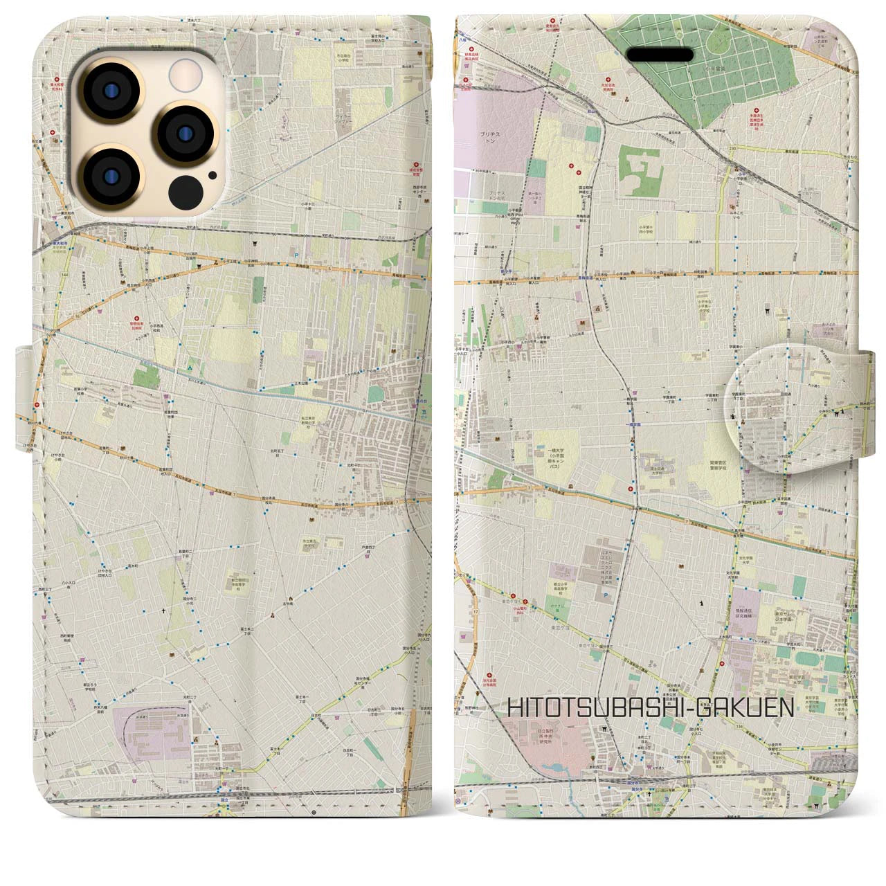 【一橋学園(東京都)】地図柄iPhoneケース(手帳タイプ)ナチュラル・iPhone 12 Pro Max 用