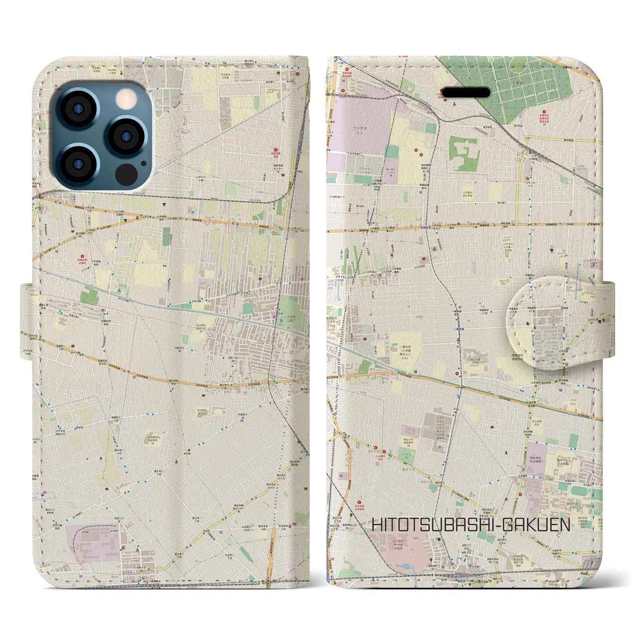 【一橋学園(東京都)】地図柄iPhoneケース(手帳タイプ)ナチュラル・iPhone 12 / 12 Pro 用