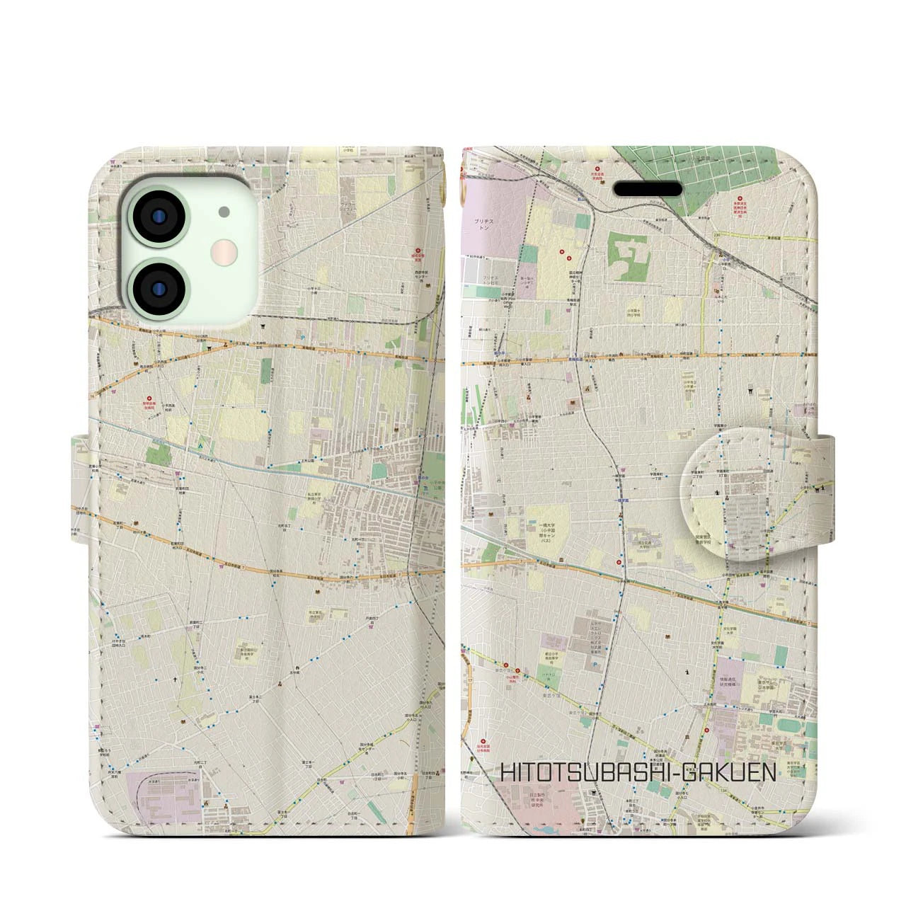 【一橋学園(東京都)】地図柄iPhoneケース(手帳タイプ)ナチュラル・iPhone 12 mini 用
