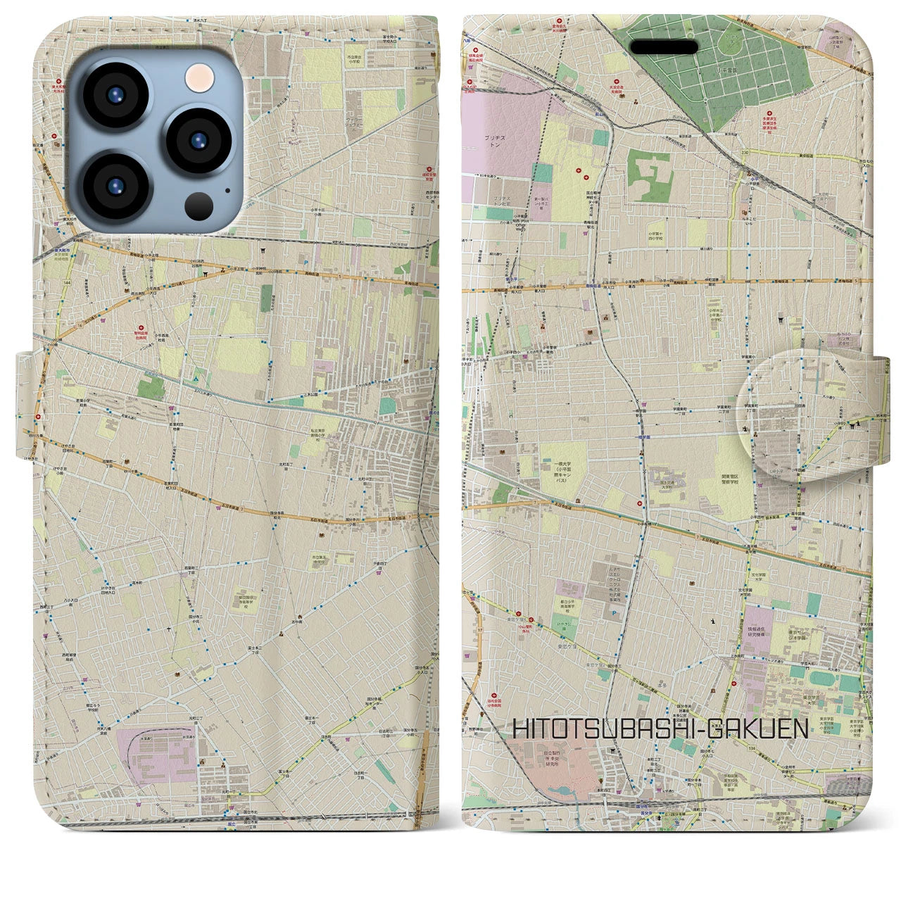 【一橋学園(東京都)】地図柄iPhoneケース(手帳タイプ)ナチュラル・iPhone 13 Pro Max 用