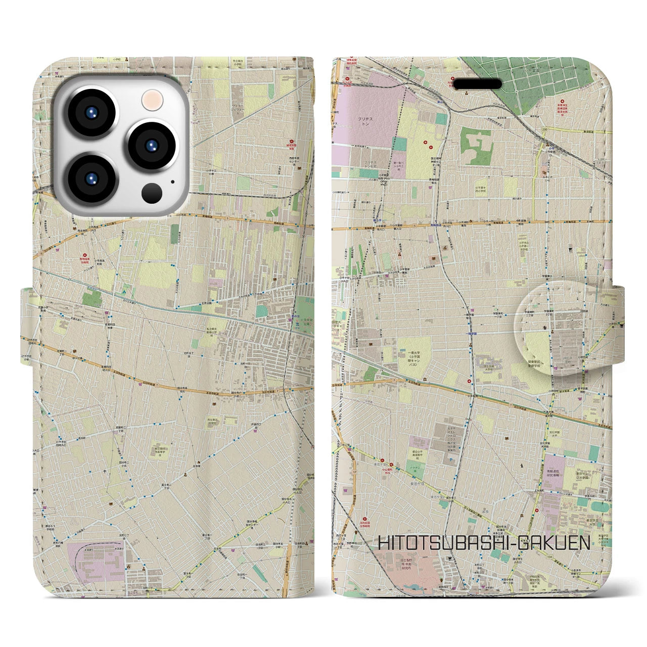 【一橋学園(東京都)】地図柄iPhoneケース(手帳タイプ)ナチュラル・iPhone 13 Pro 用