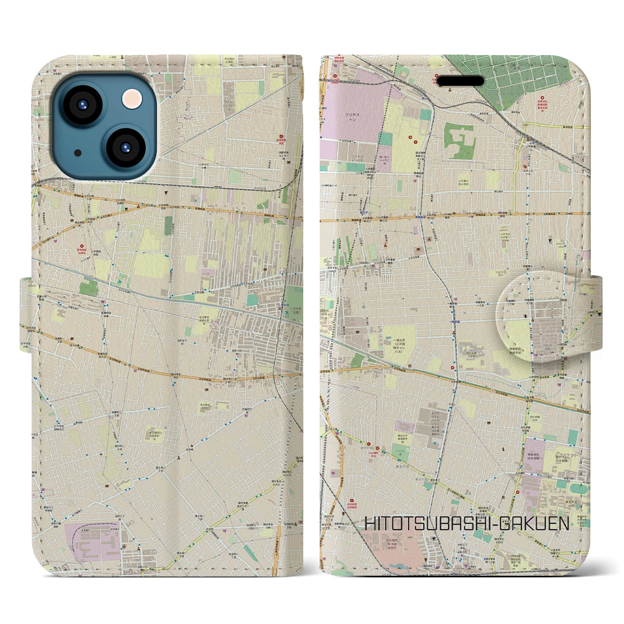 【一橋学園(東京都)】地図柄iPhoneケース(手帳タイプ)ナチュラル・iPhone 13 用