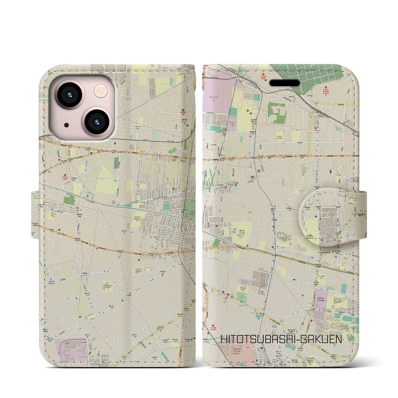 【一橋学園(東京都)】地図柄iPhoneケース(手帳タイプ)ナチュラル・iPhone 13 mini 用