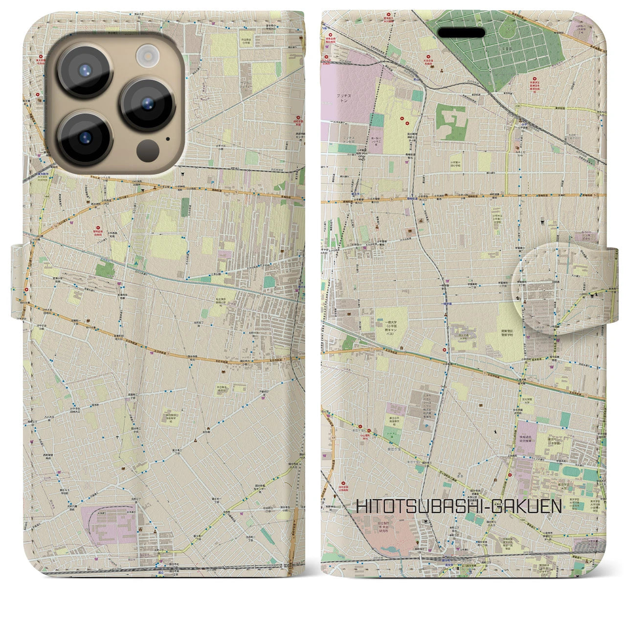 【一橋学園(東京都)】地図柄iPhoneケース(手帳タイプ)ナチュラル・iPhone 14 Pro Max 用