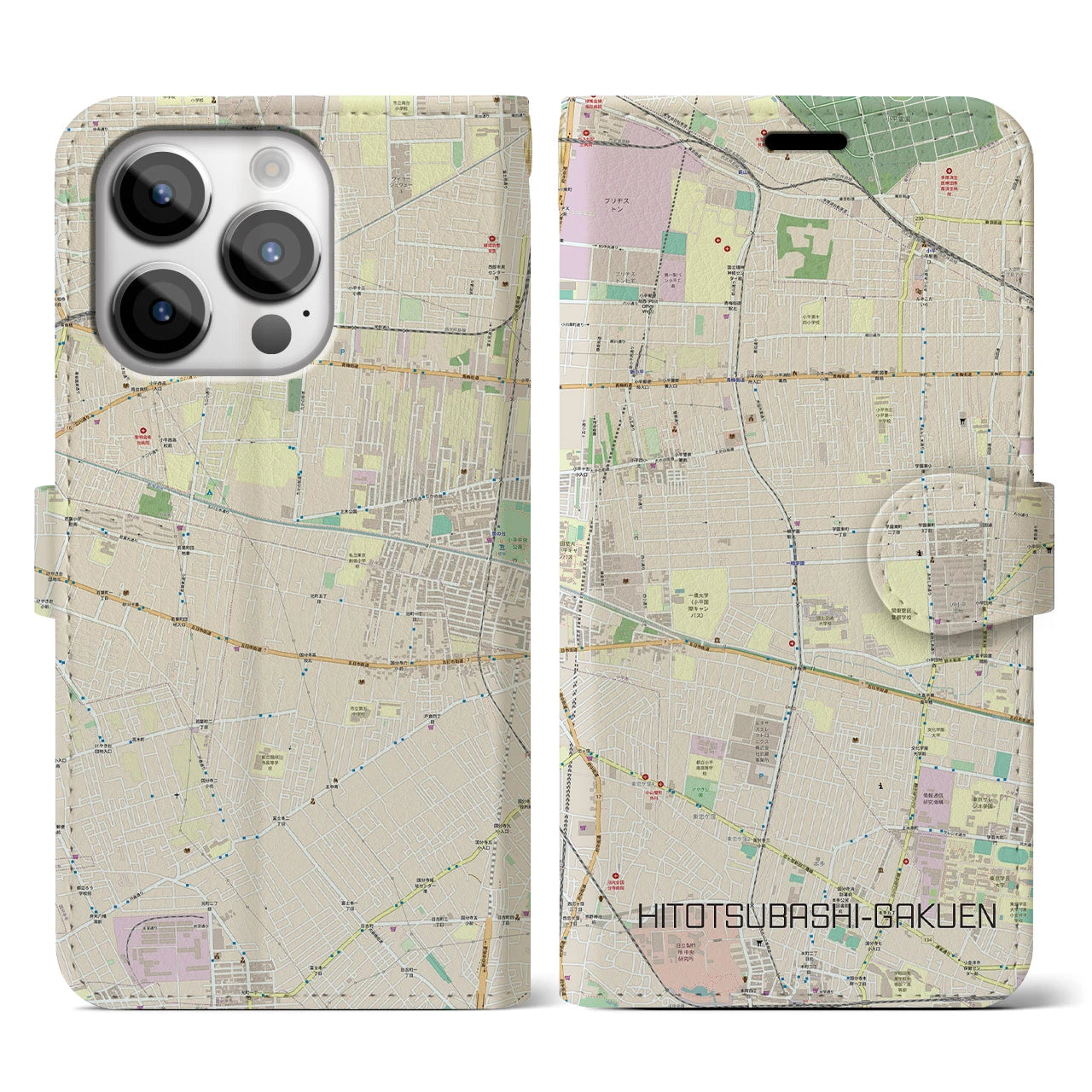 【一橋学園(東京都)】地図柄iPhoneケース(手帳タイプ)ナチュラル・iPhone 14 Pro 用