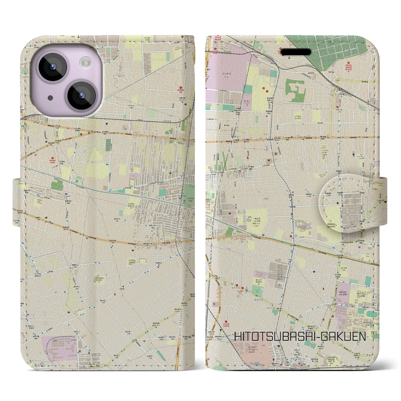 【一橋学園(東京都)】地図柄iPhoneケース(手帳タイプ)ナチュラル・iPhone 14 用