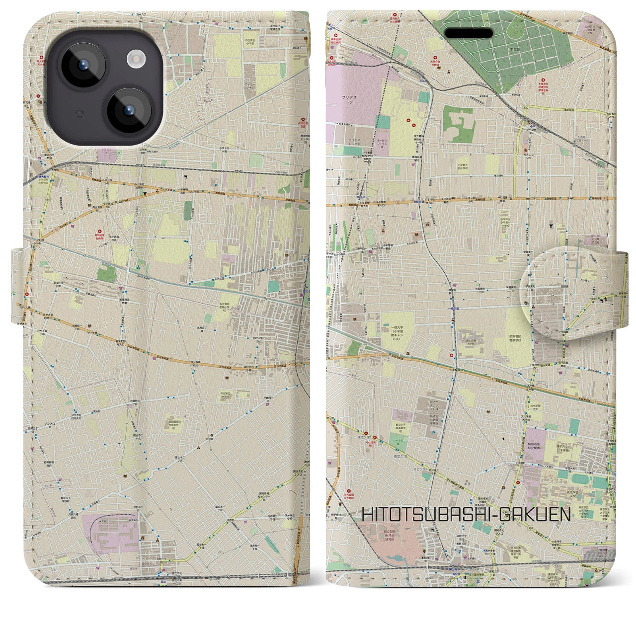 【一橋学園(東京都)】地図柄iPhoneケース(手帳タイプ)ナチュラル・iPhone 14 Plus 用