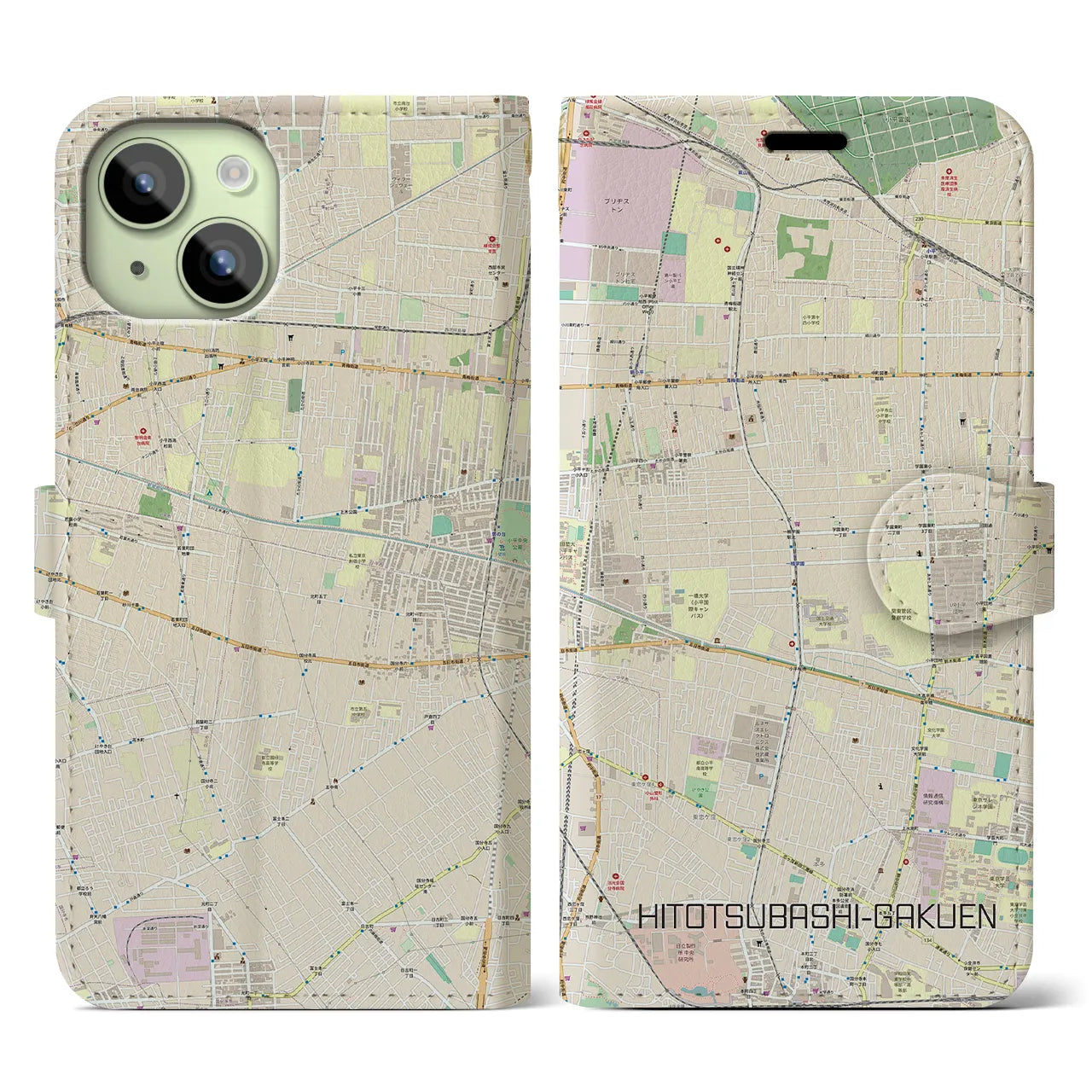 【一橋学園(東京都)】地図柄iPhoneケース(手帳タイプ)ナチュラル・iPhone 15 用