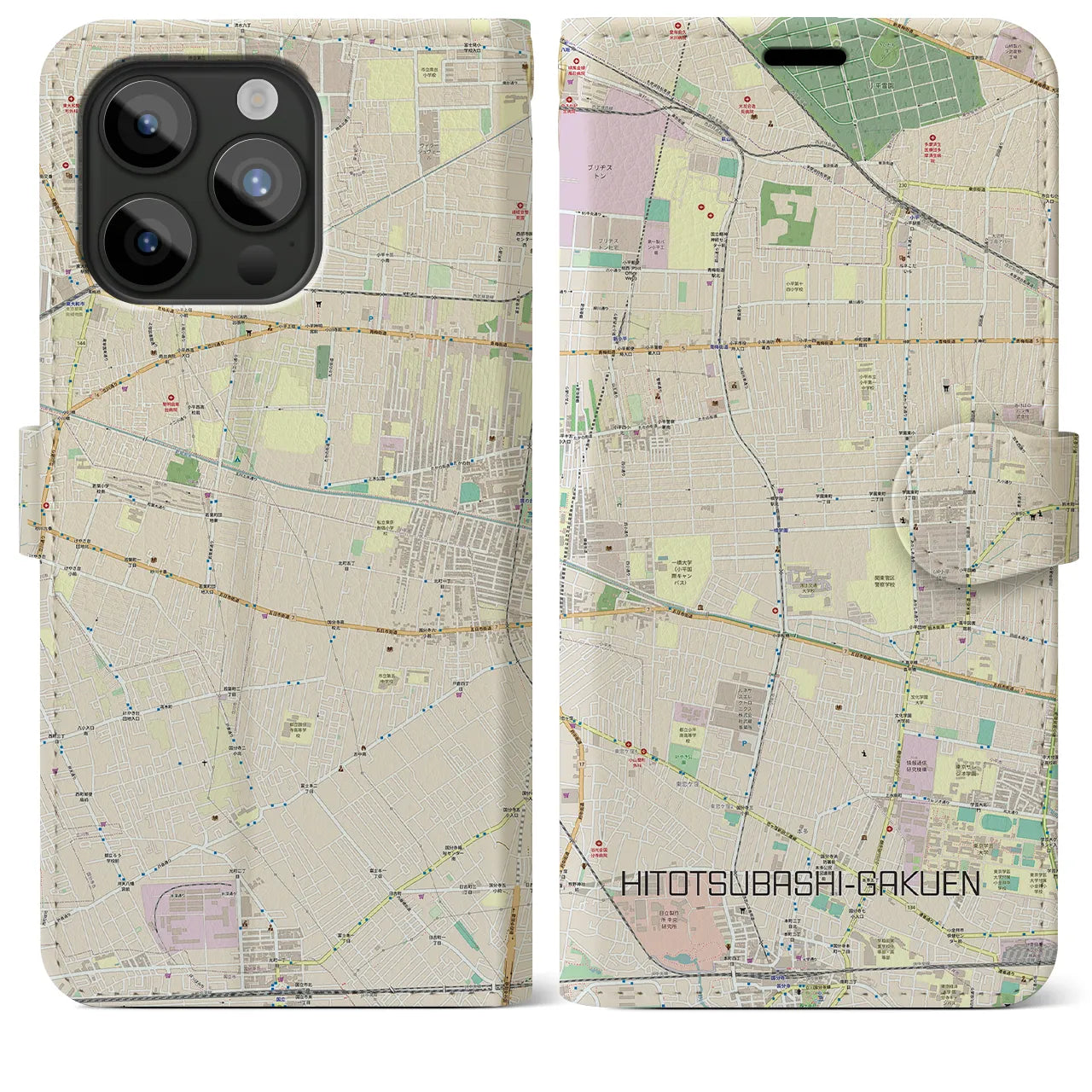 【一橋学園(東京都)】地図柄iPhoneケース(手帳タイプ)ナチュラル・iPhone 15 Pro Max 用