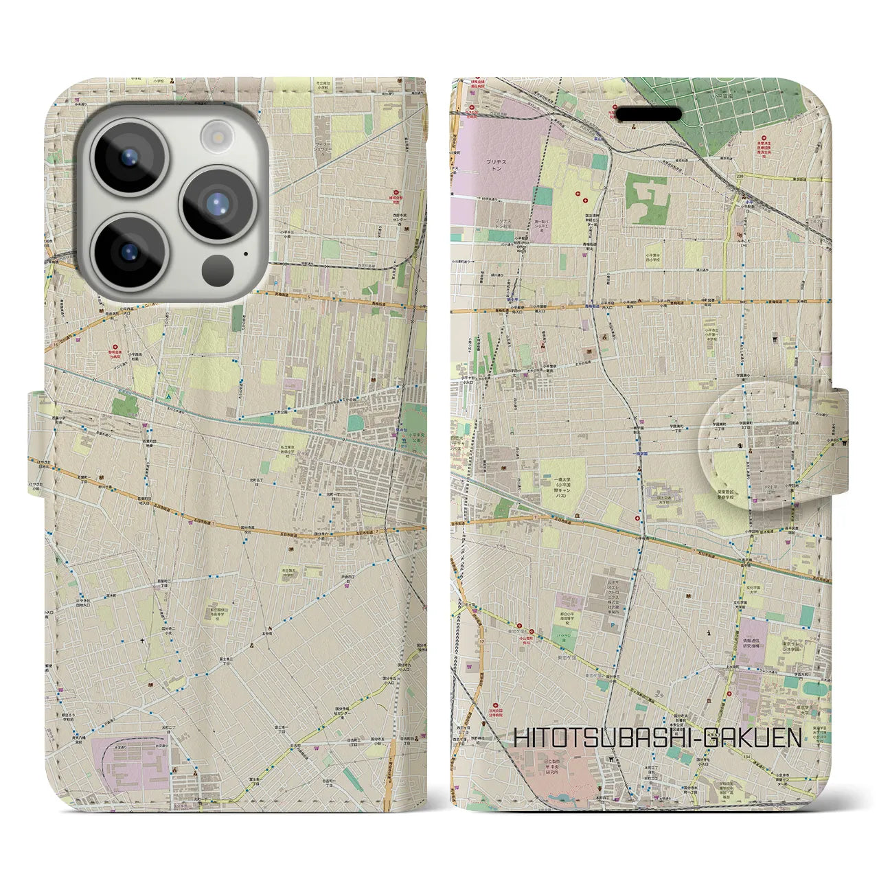 【一橋学園(東京都)】地図柄iPhoneケース(手帳タイプ)ナチュラル・iPhone 15 Pro 用