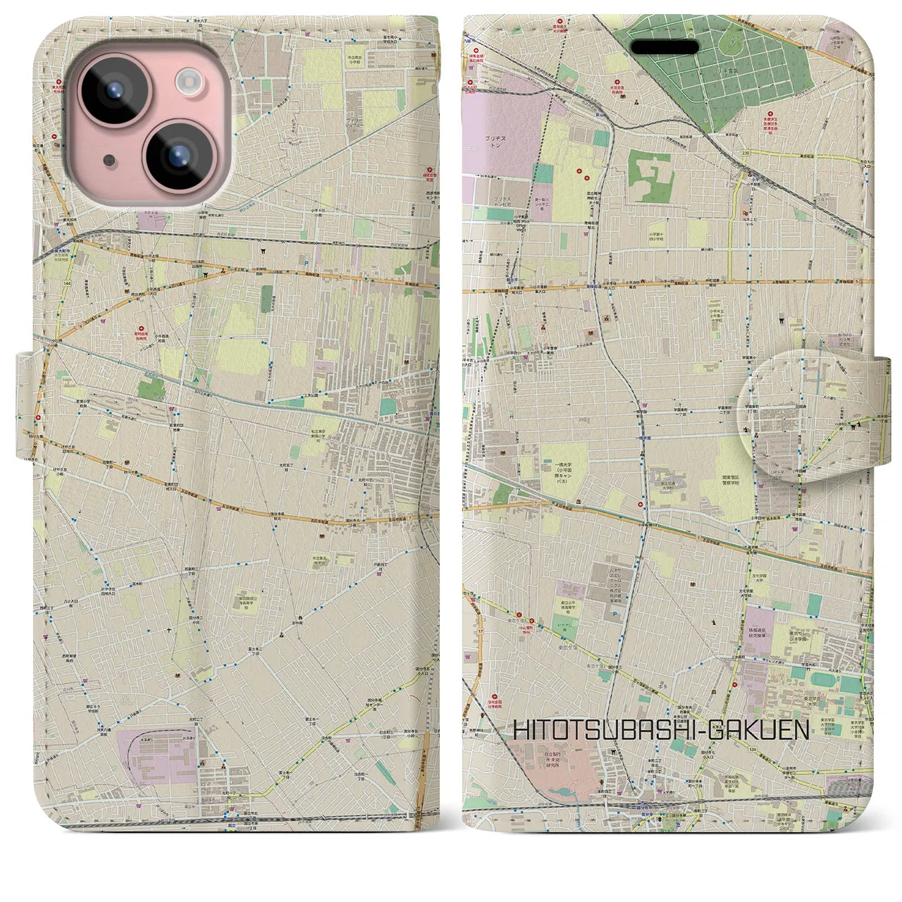 【一橋学園(東京都)】地図柄iPhoneケース(手帳タイプ)ナチュラル・iPhone 15 Plus 用