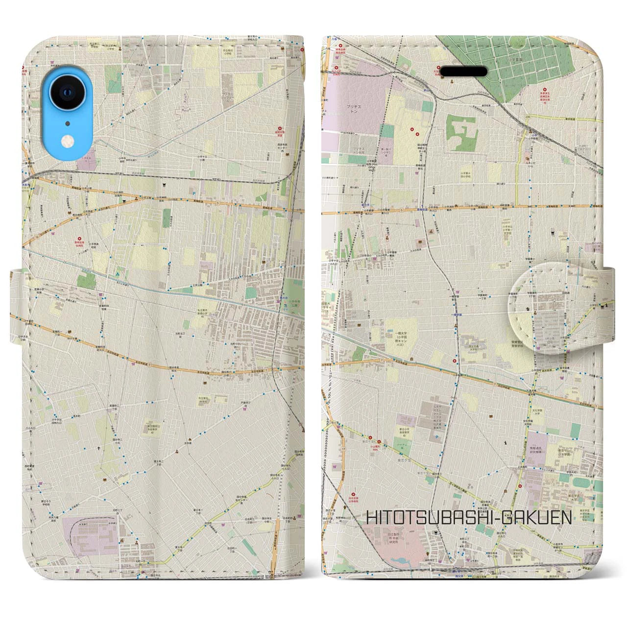 【一橋学園(東京都)】地図柄iPhoneケース(手帳タイプ)ナチュラル・iPhone XR 用