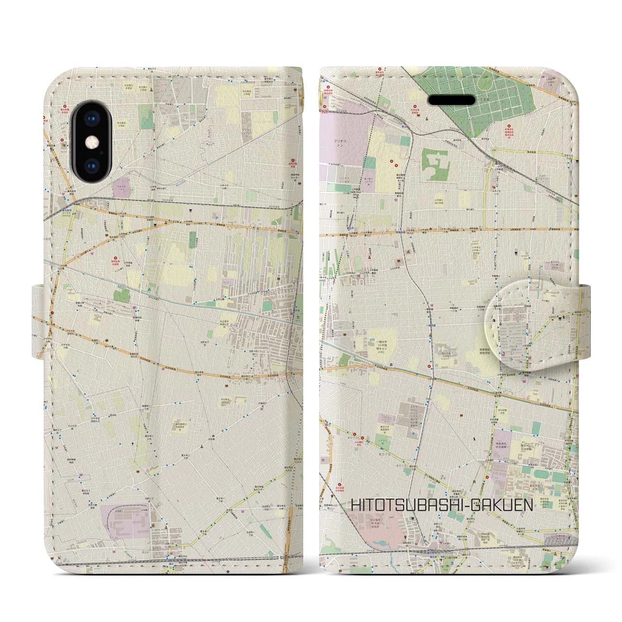 【一橋学園(東京都)】地図柄iPhoneケース(手帳タイプ)ナチュラル・iPhone XS / X 用