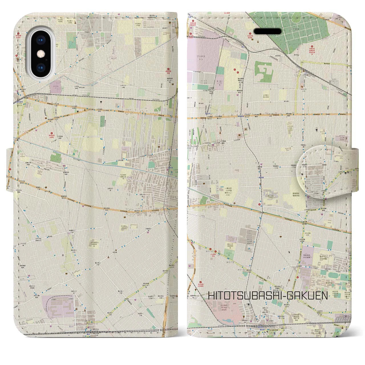 【一橋学園(東京都)】地図柄iPhoneケース(手帳タイプ)ナチュラル・iPhone XS Max 用
