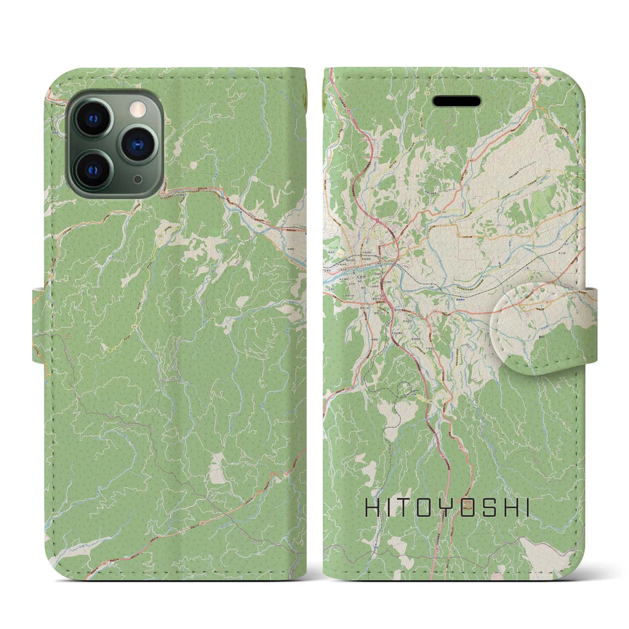 【人吉(熊本県)】地図柄iPhoneケース(手帳タイプ)ナチュラル・iPhone 11 Pro 用