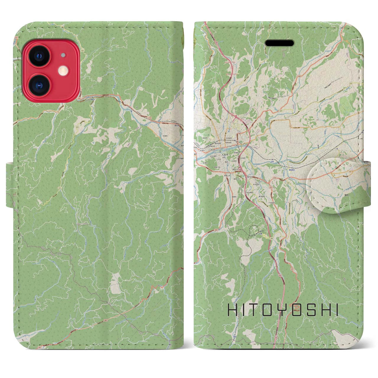【人吉(熊本県)】地図柄iPhoneケース(手帳タイプ)ナチュラル・iPhone 11 用