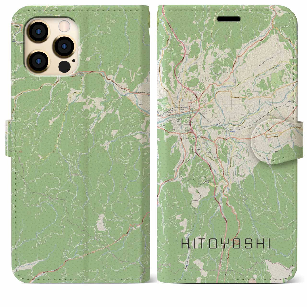 【人吉(熊本県)】地図柄iPhoneケース(手帳タイプ)ナチュラル・iPhone 12 Pro Max 用