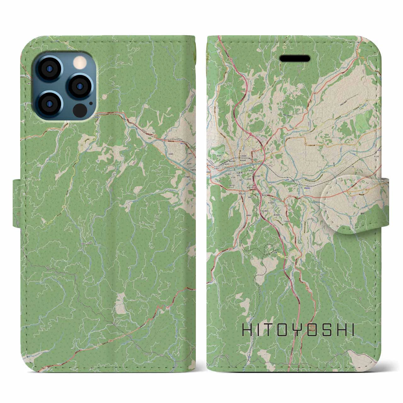 【人吉(熊本県)】地図柄iPhoneケース(手帳タイプ)ナチュラル・iPhone 12 / 12 Pro 用