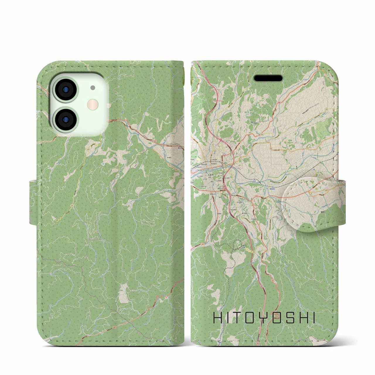 【人吉(熊本県)】地図柄iPhoneケース(手帳タイプ)ナチュラル・iPhone 12 mini 用
