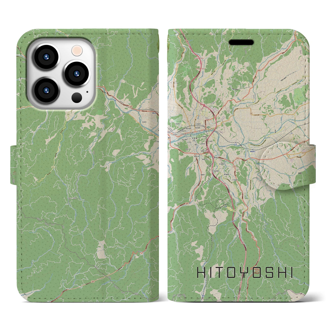 【人吉(熊本県)】地図柄iPhoneケース(手帳タイプ)ナチュラル・iPhone 13 Pro 用